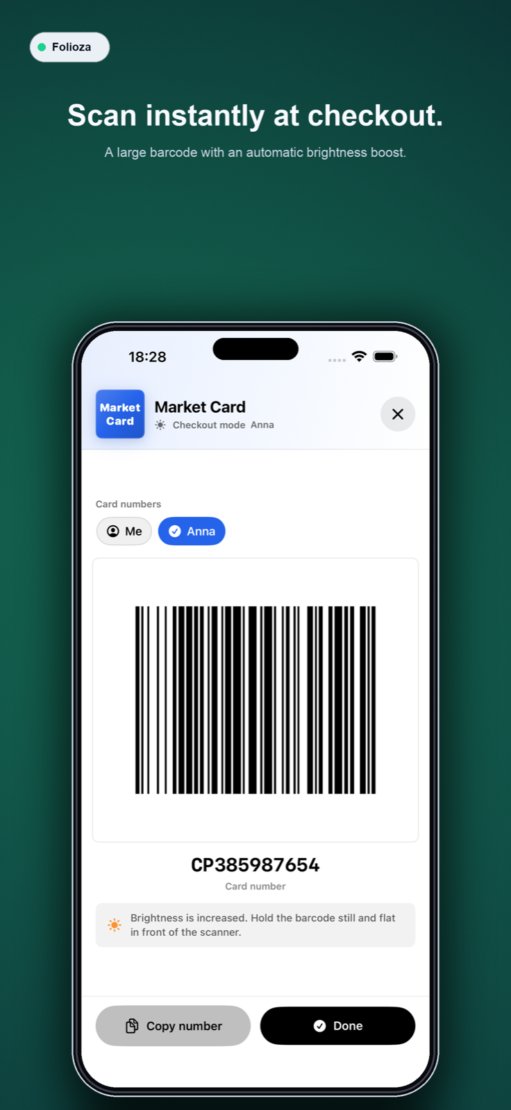 Folioza Checkout mode with a large barcode
