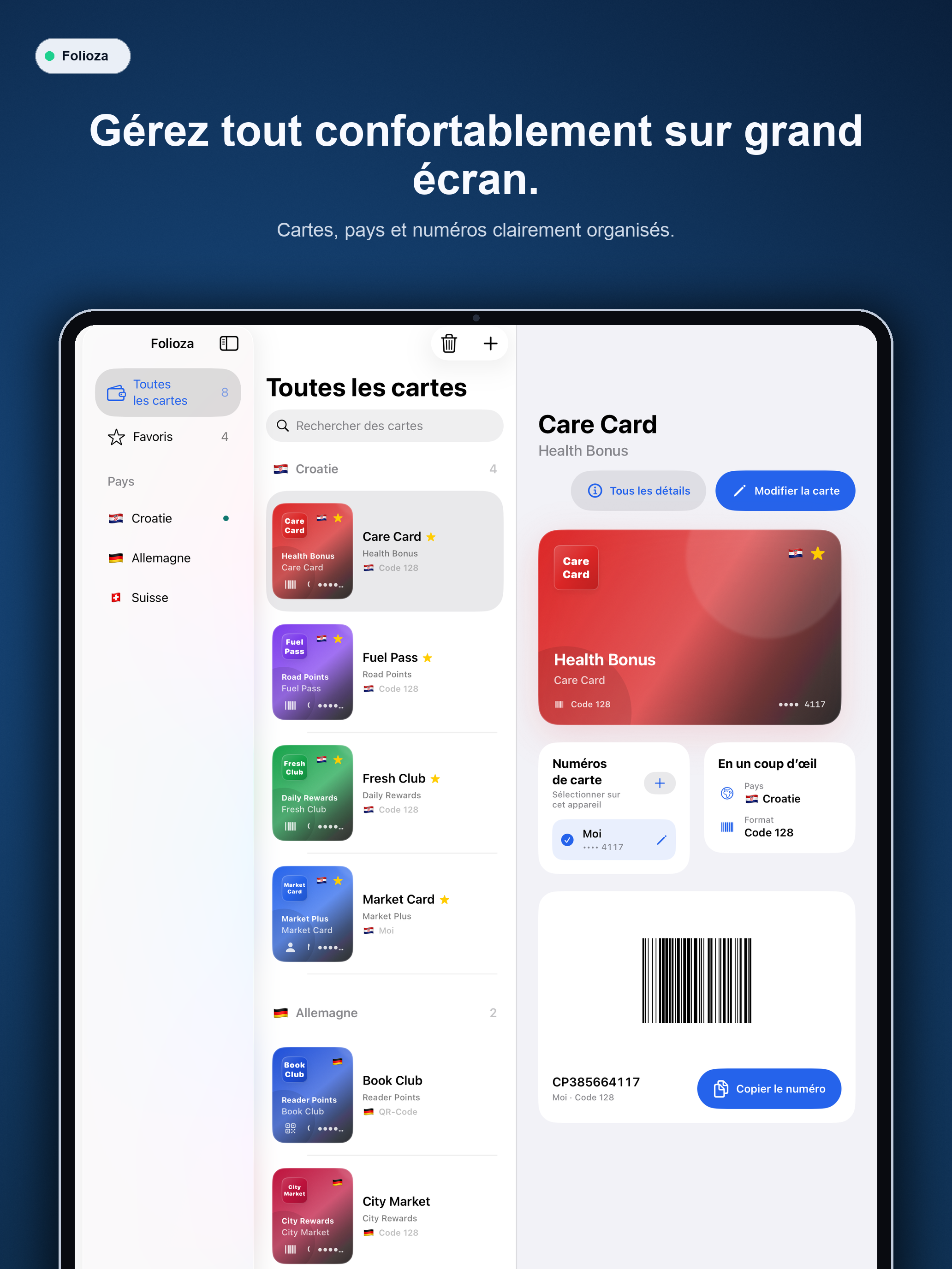 Folioza Wallet et détails de carte sur iPad