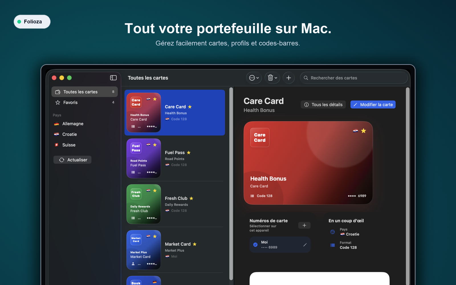 Folioza Gestion Mac avec recherche et favoris