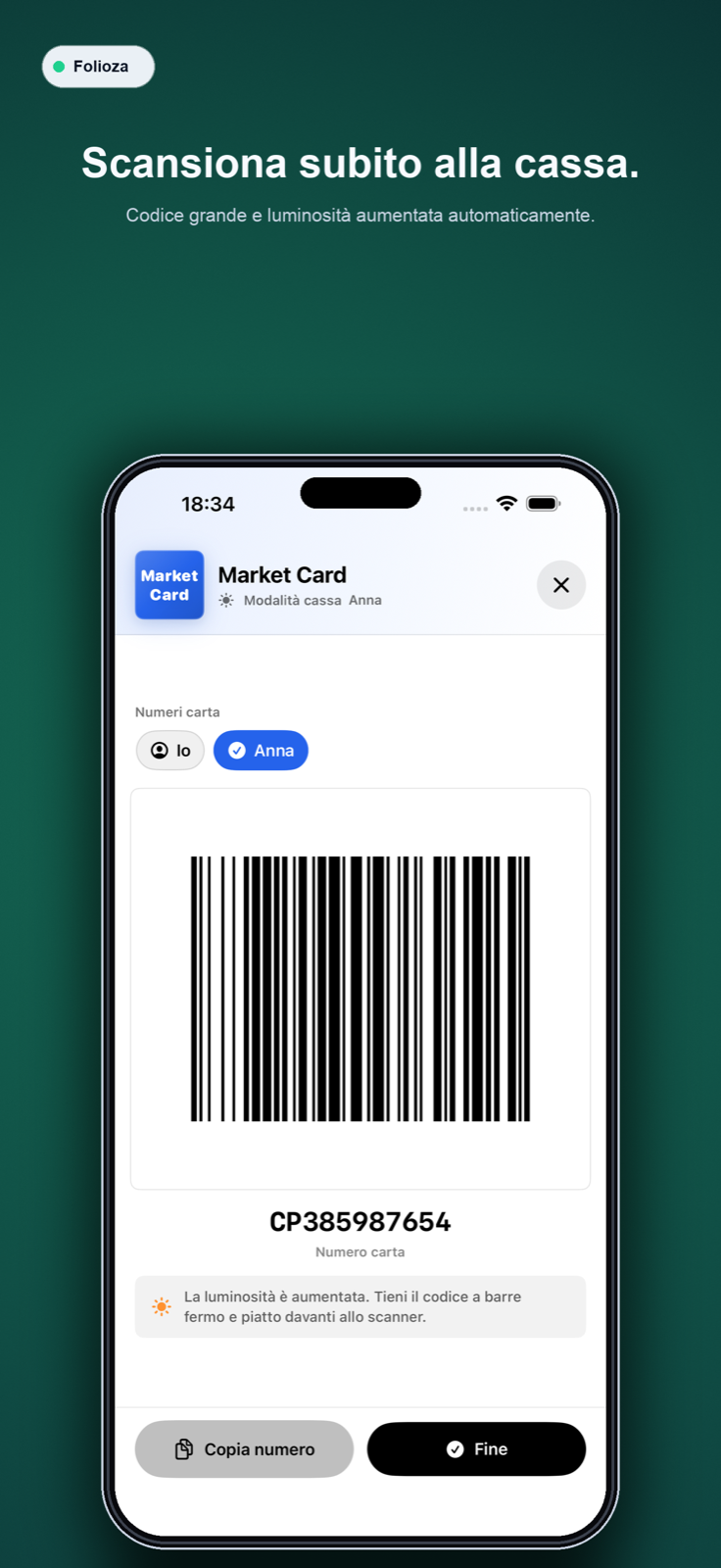 Folioza Modalita cassa con barcode grande
