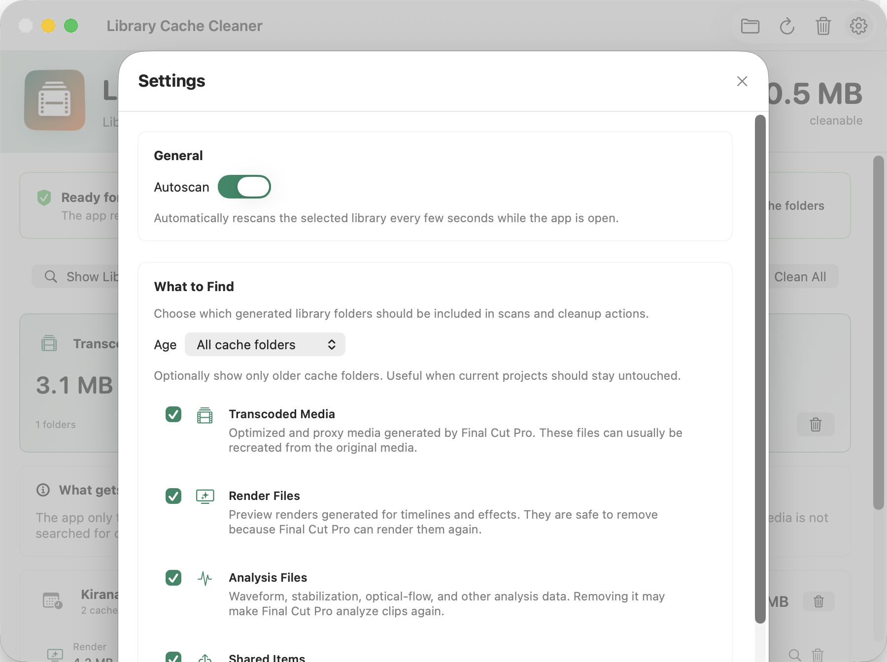 Library Cache Cleaner Search types and autoscan