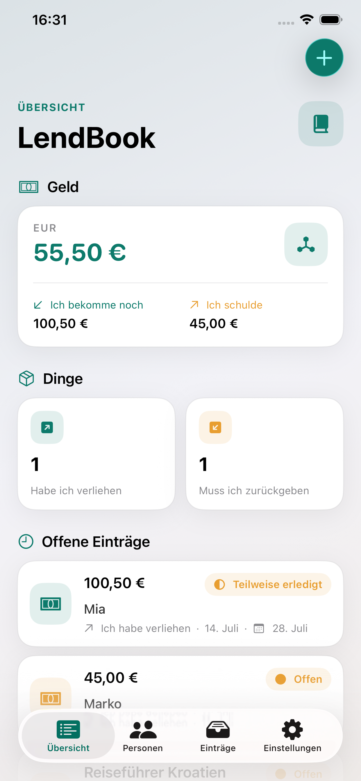 My Lend Book Offene Einträge im Überblick