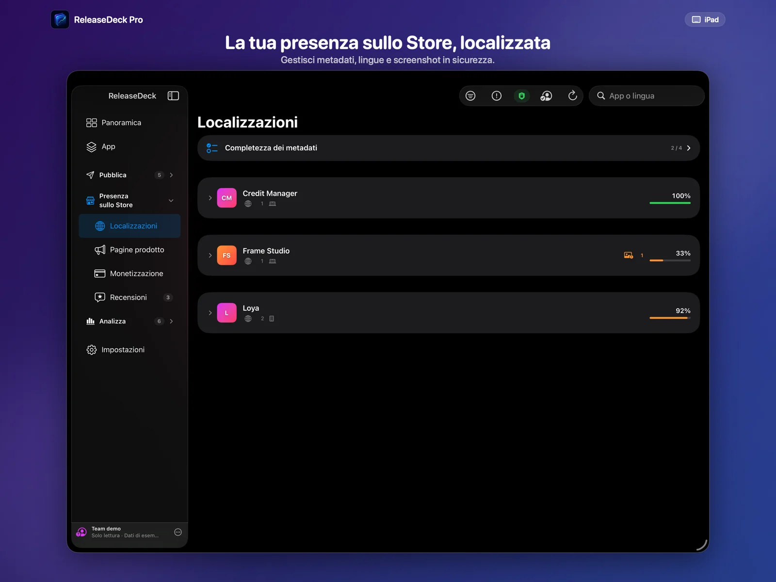 ReleaseDeck Pro Gestire metadati e localizzazioni