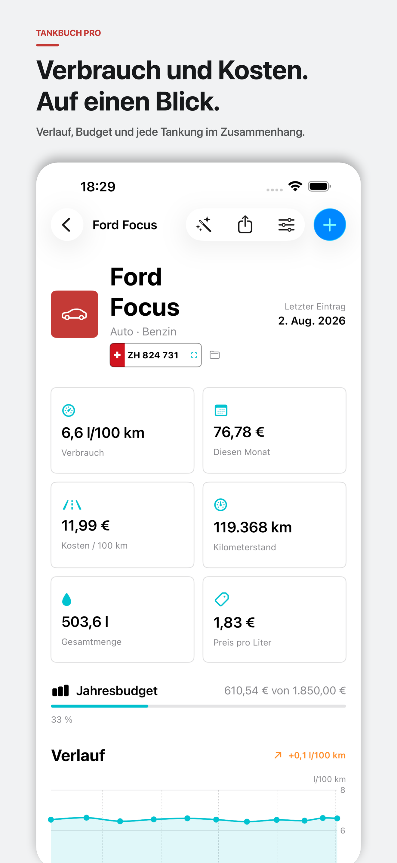 Tankbuch Pro Fahrzeug, Verbrauch und offene Erinnerungen