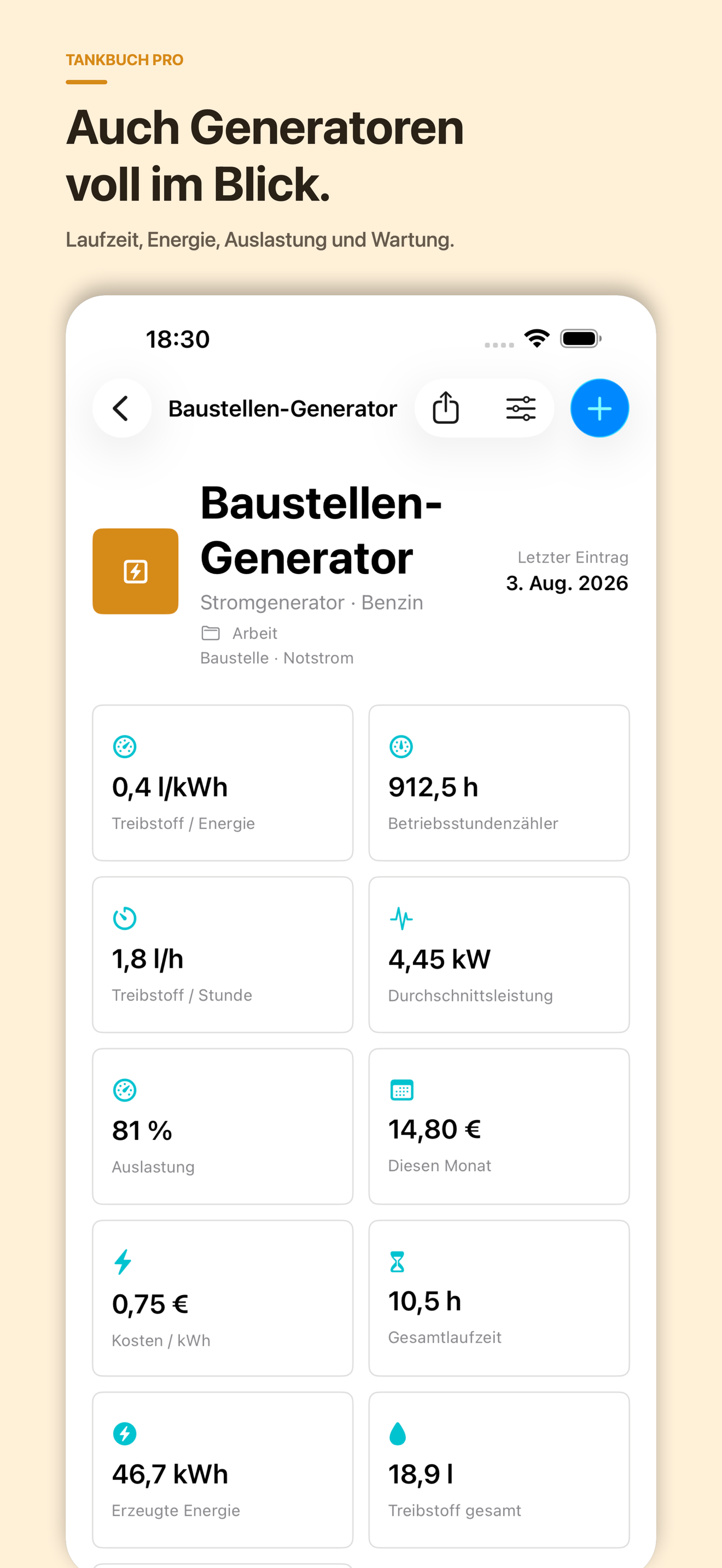 Tankbuch Pro Generatorlauf mit Energie und Auslastung