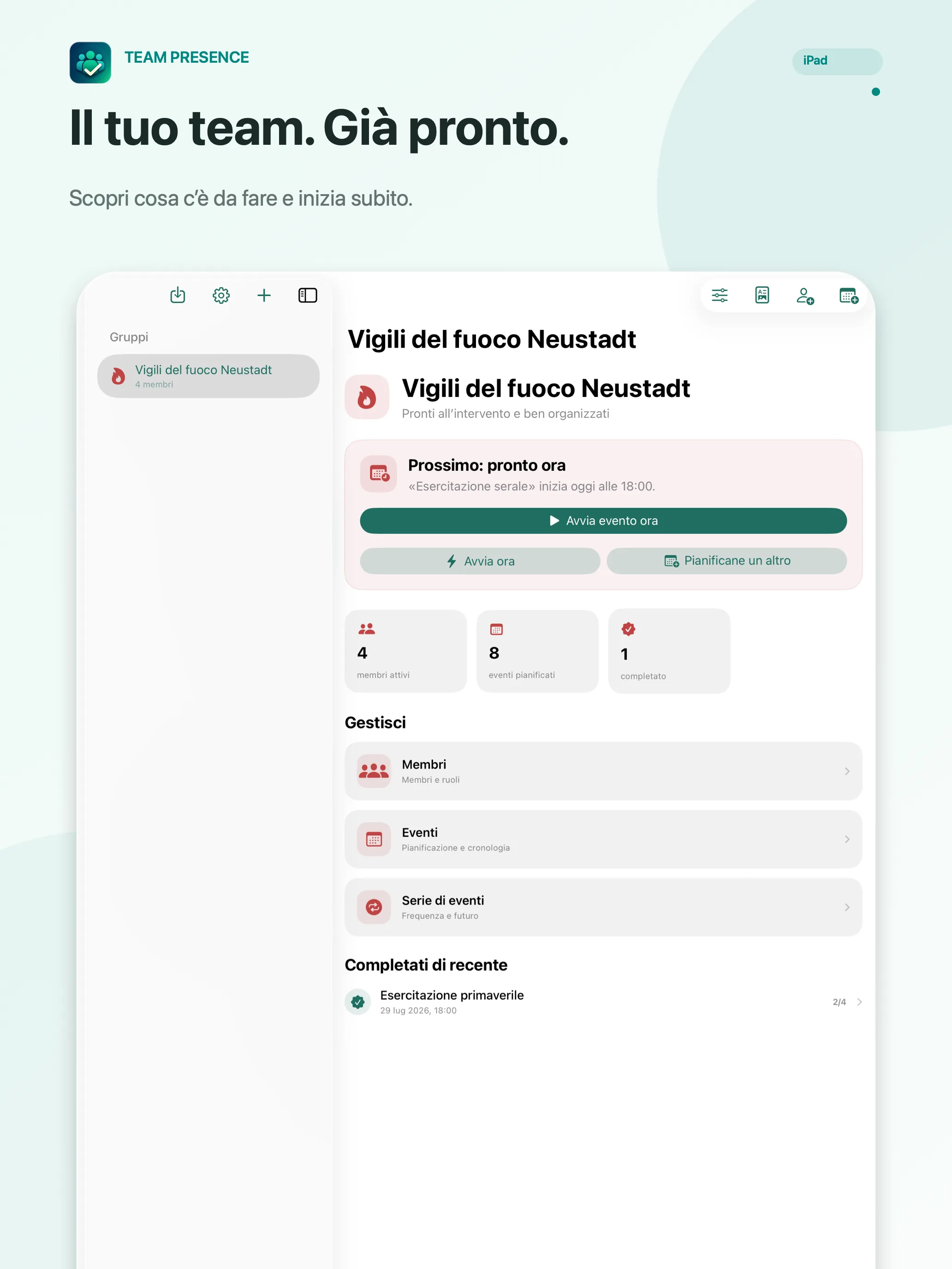 Team Presence Dashboard con gruppi e prossimi eventi
