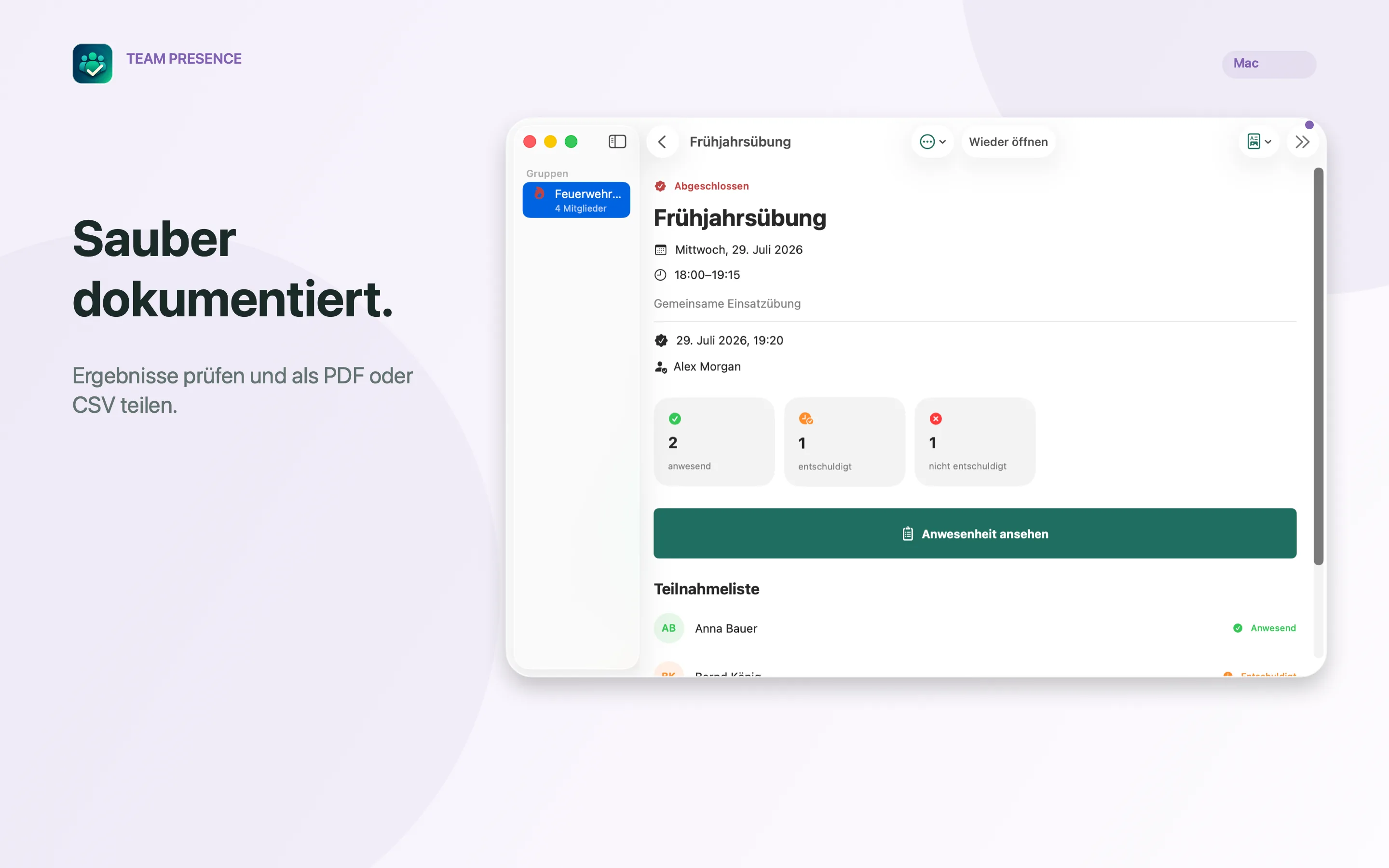 Team Presence Abgeschlossenen Termin dokumentieren